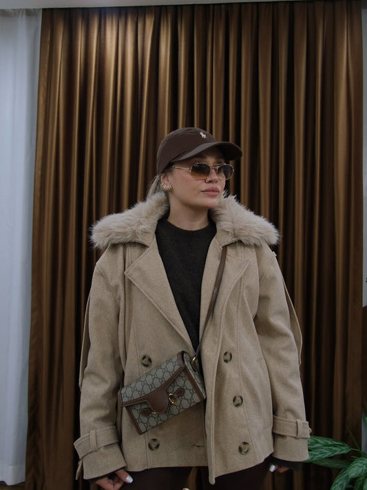 Kadın Bej Kürklü Kaban