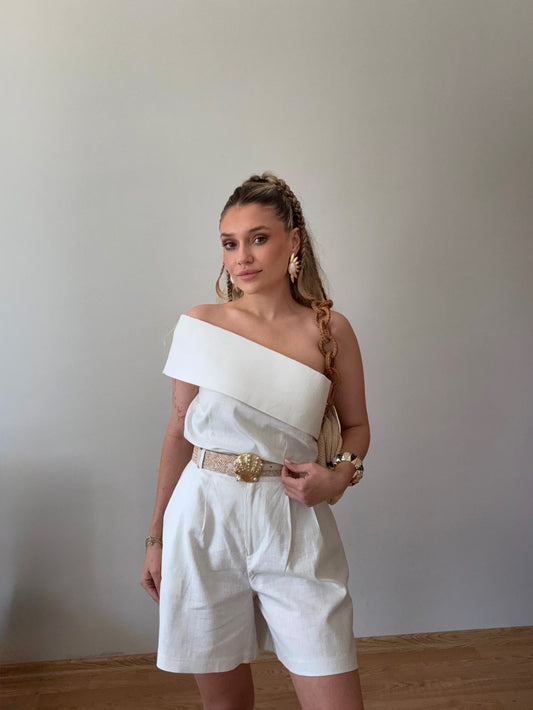 Tek Omuz Keten Alt Üst Takım – Bohem Yaz Kombini